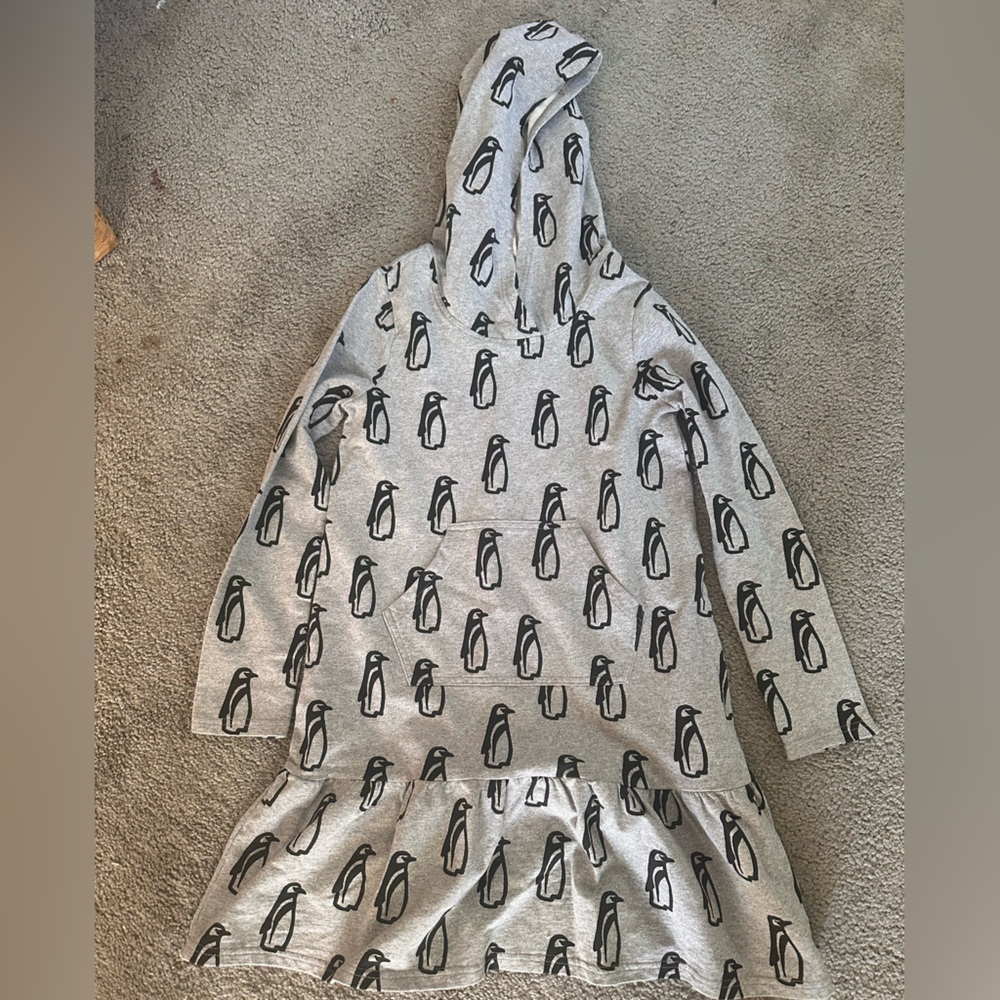 Tea Collection Girl's gray, black penguin pattern hoodie dress sz 14